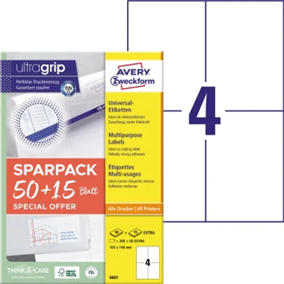 Avery Zweckform Universaletikett ultragrip 105 x 148 mm (B x H) nicht wieder ablösbar Papier weiß 260 Etik./Pack.