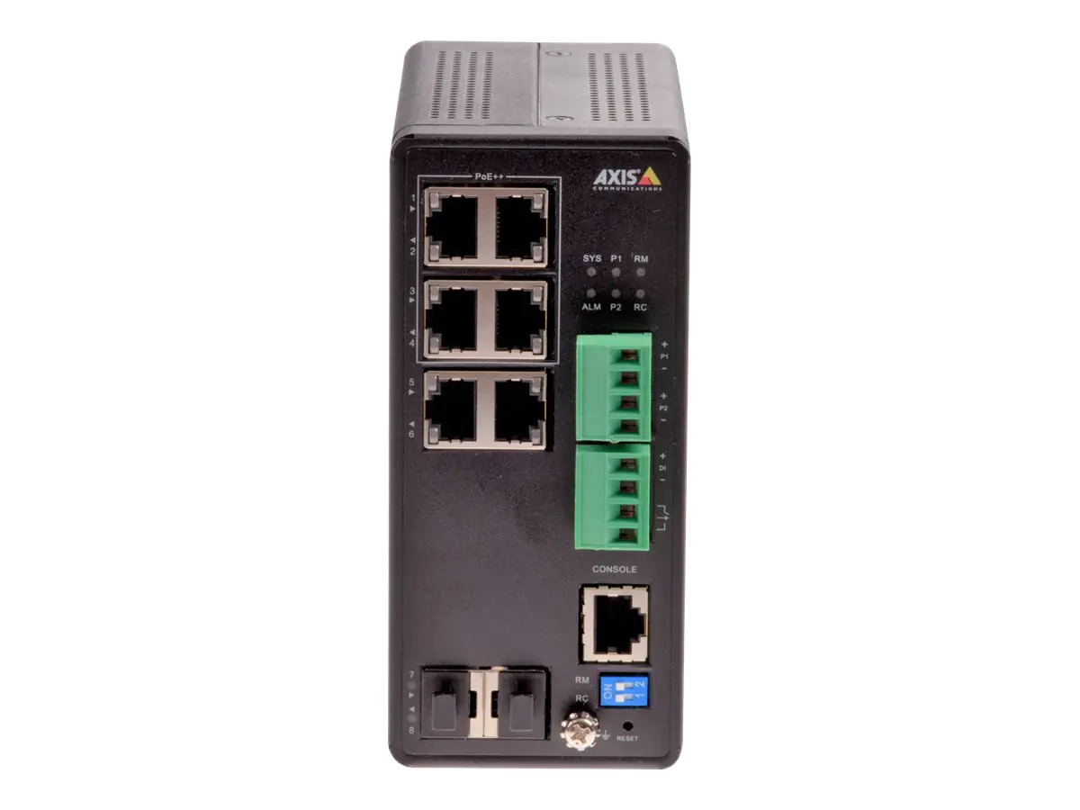 Axis T8504-R - Switch - managed - 4 x 10/100/1000 (PoE+) + 2 x Combo Gigabit Ethernet/Gigabit SFP - Desktop, an Rack montierbar - PoE++ (240 W) - Gleichstrom - für AXIS A1610, C1410, D3110, M3215, P1385, Q3538, W400; Camera Station S1216, S1232, S1296