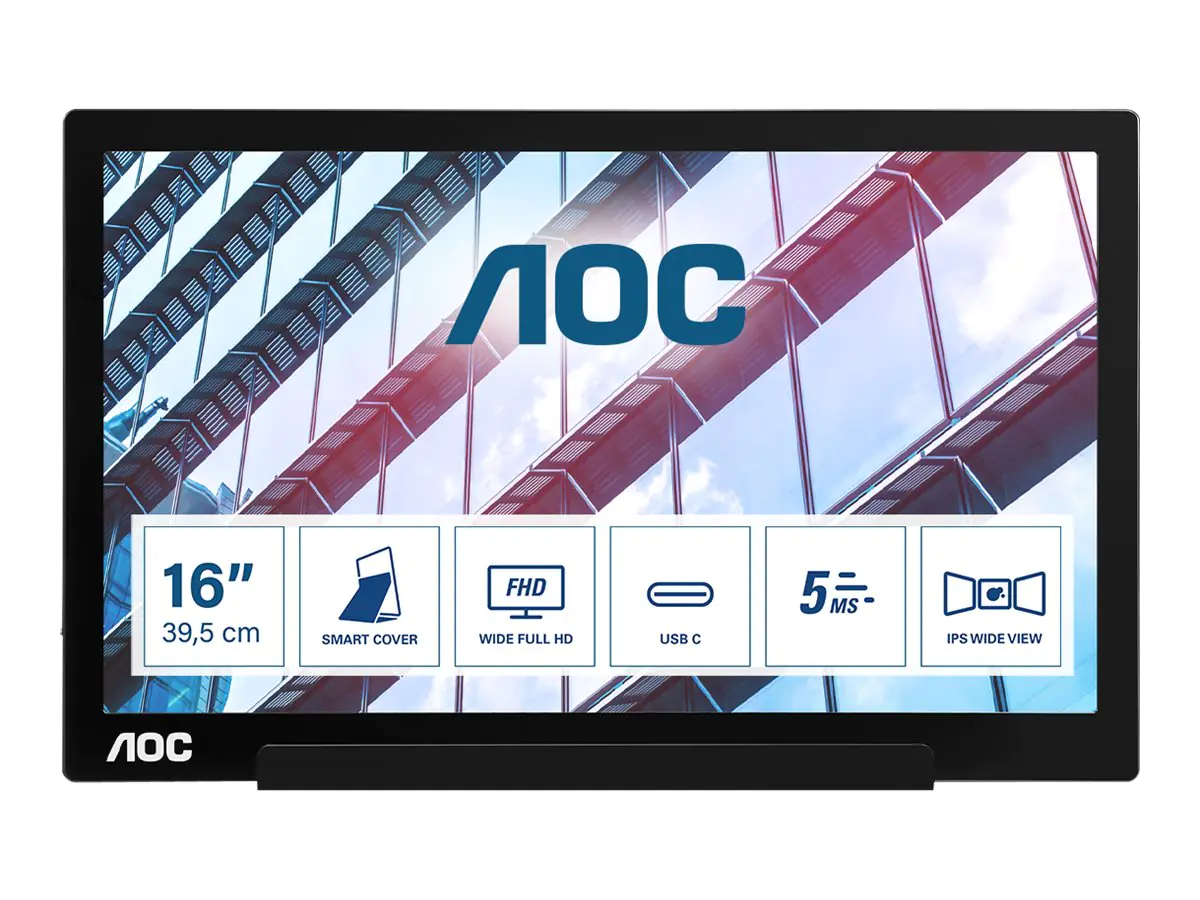 AOC I1601P - LED-Monitor - 39.5 cm (16") (15.6" sichtbar) - tragbar - 1920 x 1080 Full HD (1080p) @ 60 Hz - IPS - 220 cd/m² - 800:1 - 4 ms - USB-C - Schwarz