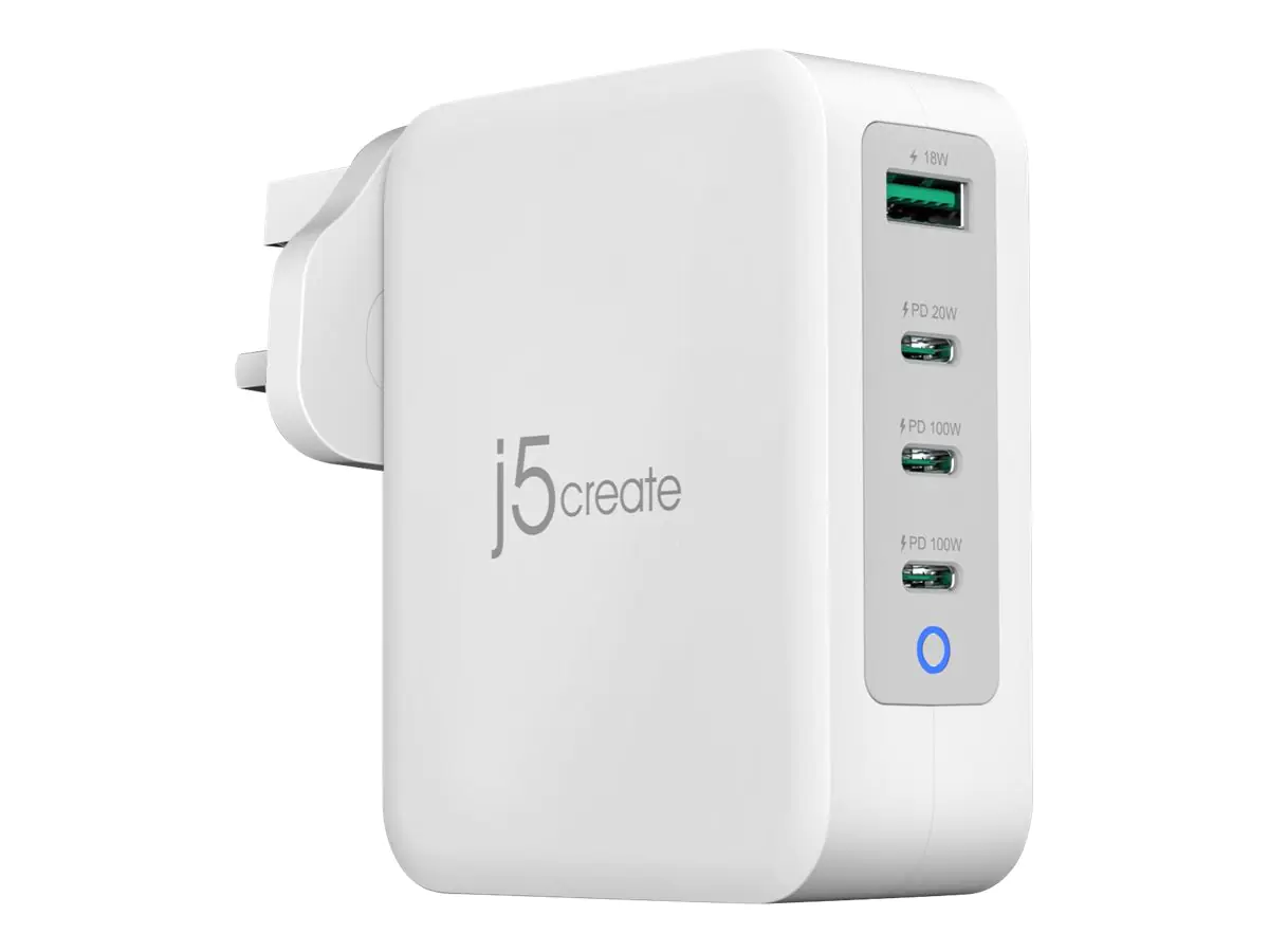 j5create JUP43130 - Netzteil - 130 Watt - 5 A - PD 3.0, QC 4.0 - 4 Ausgabeanschlussstellen (USB Typ A, 3 x USB-C) - Grau, weiß