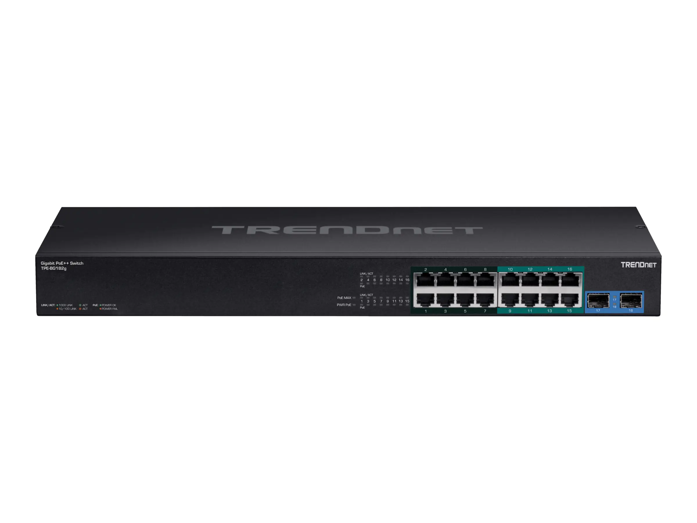 TRENDnet TPE BG182G - Switch - unmanaged - 8 x 10/100/1000 (UPOE / 4PPoE) + 8 x 10/100/1000 (PoE+) + 2 x SFP - an Rack montierbar - UPOE / 4PPoE / PoE+ (440 W) - TAA-konform