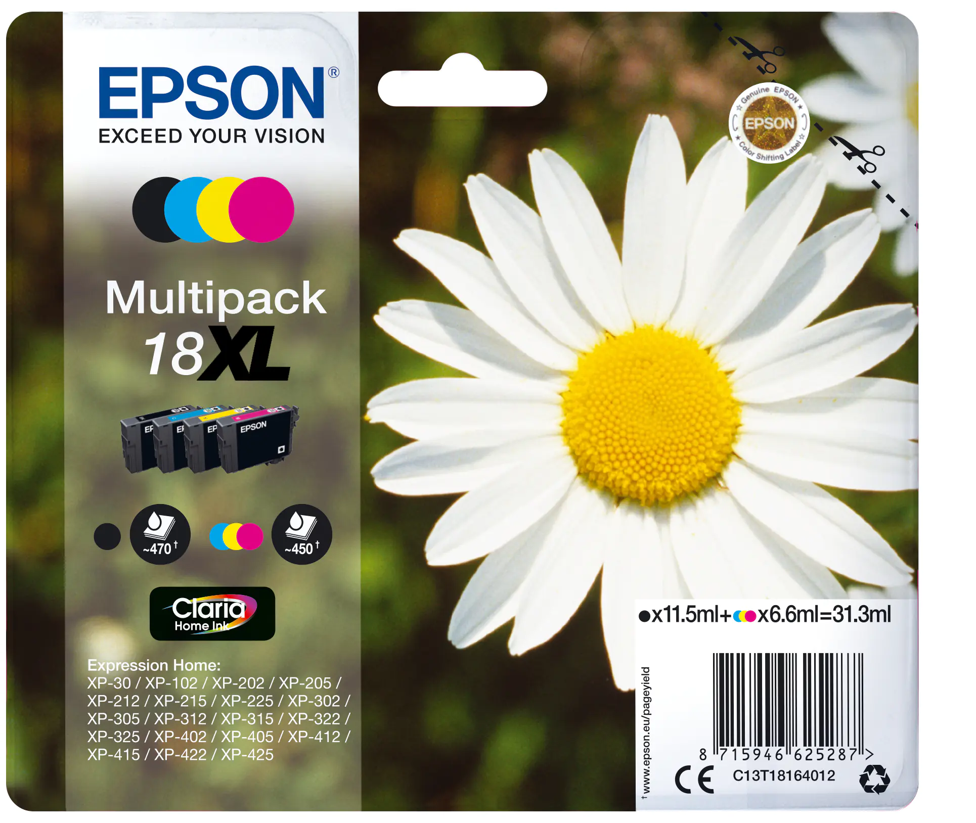 Epson 18XL - 4er-Pack - XL - Schwarz, Gelb, Cyan, Magenta - Original - Blisterverpackung - Tintenpatrone - für Expression Home XP-212, 215, 225, 312, 315, 322, 325, 412, 415, 422, 425 Epson 18XL - 4er-Pack - XL - Schwarz, Gelb, Cyan, Magenta - Original - Blisterverpackung - Tintenpatrone - für Expression Home XP-212, 215, 225, 312, 315, 322, 325, 412, 415, 422, 425