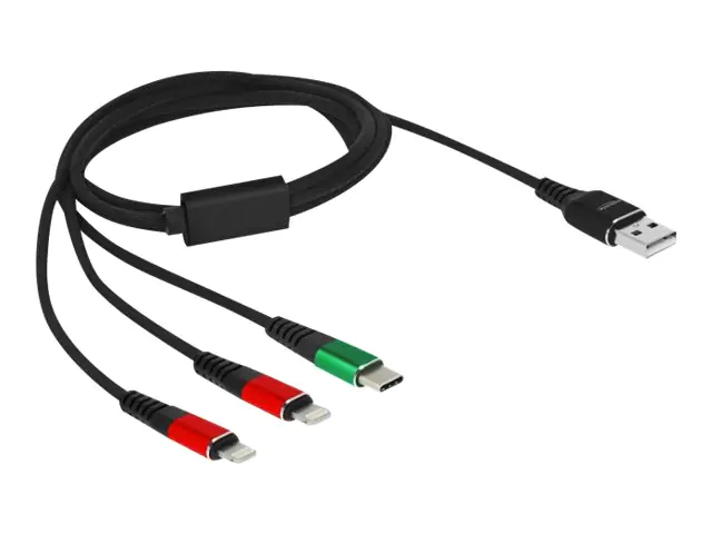Delock 3 in 1 - Kabel nur zum Laden - USB männlich zu 24 pin USB-C, 2 x Apple-Beleuchtung männlich - 1 m - Schwarz