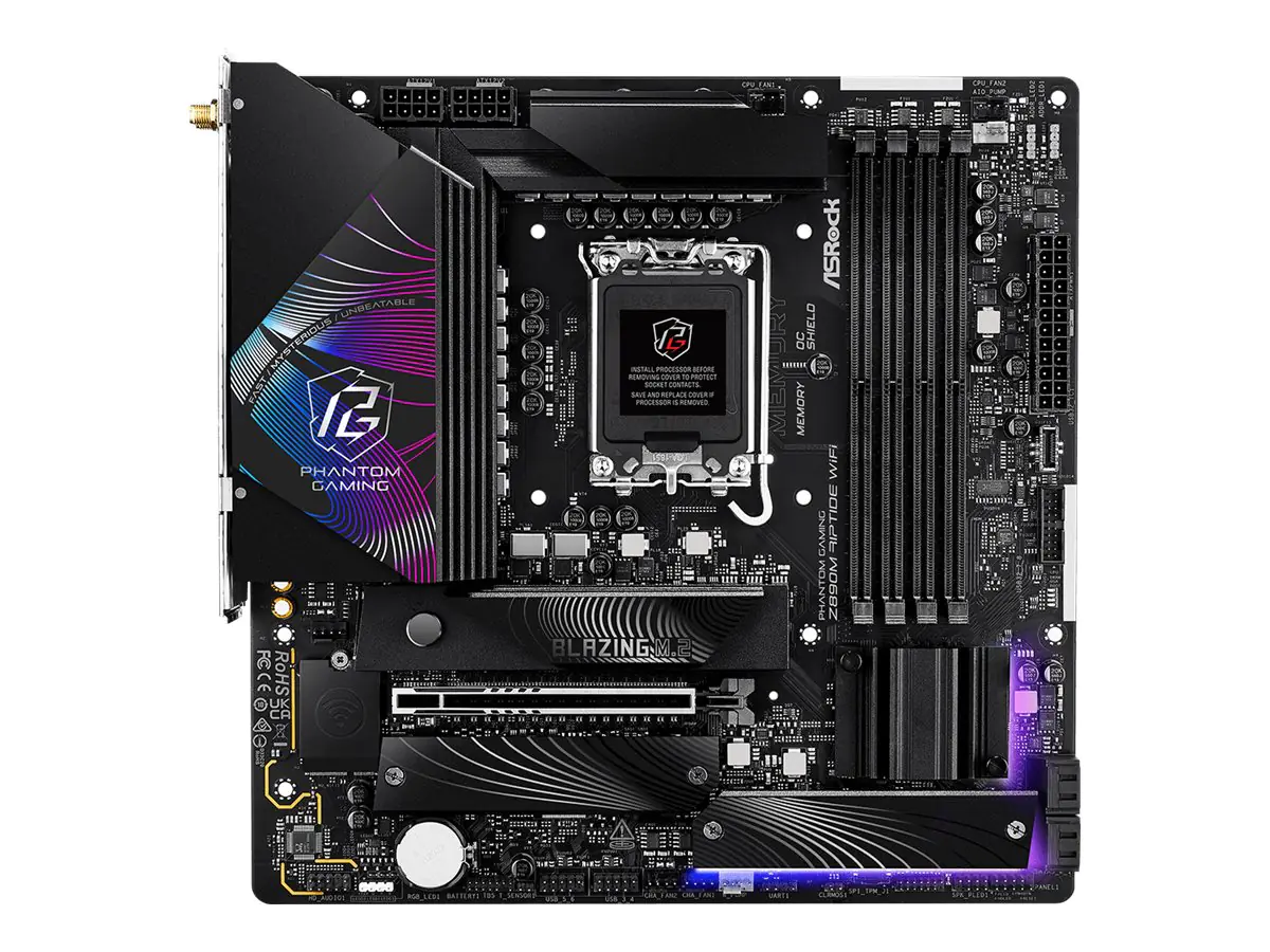 ASRock Phantom Gaming Z890M RIPTIDE WIFI - Motherboard - micro ATX - LGA1851-Sockel - Z890 Chipsatz - USB4, USB 3.2 Gen 2, USB 3.2 Gen 1 - 5 Gigabit Ethernet, Wi-Fi 6E, Bluetooth - Onboard-Grafik (CPU erforderlich) - HD Audio (8-Kanal)