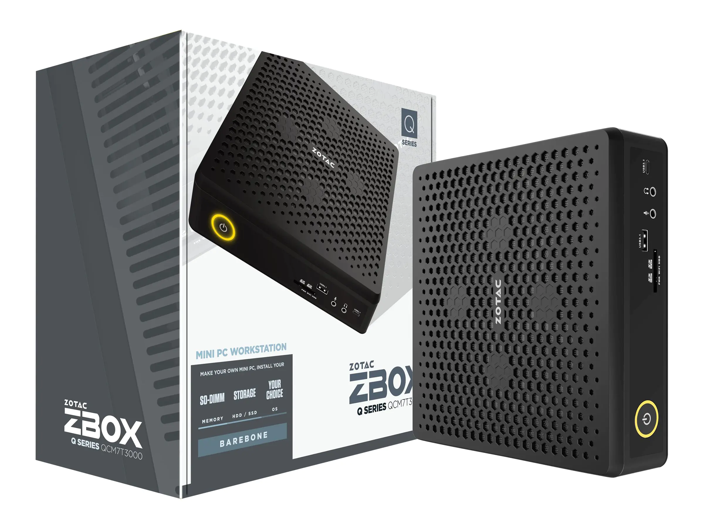 Zotac ZBOX Q Series QCM7T3000 - Barebone - Mini-PC - 1 x Core i7 10750H / 2.6 GHz - RAM 0 GB - Quadro RTX 3000 - 1GbE, 2.5GbE - WLAN: Bluetooth 5.0, 802.11a/b/g/n/ac/ax