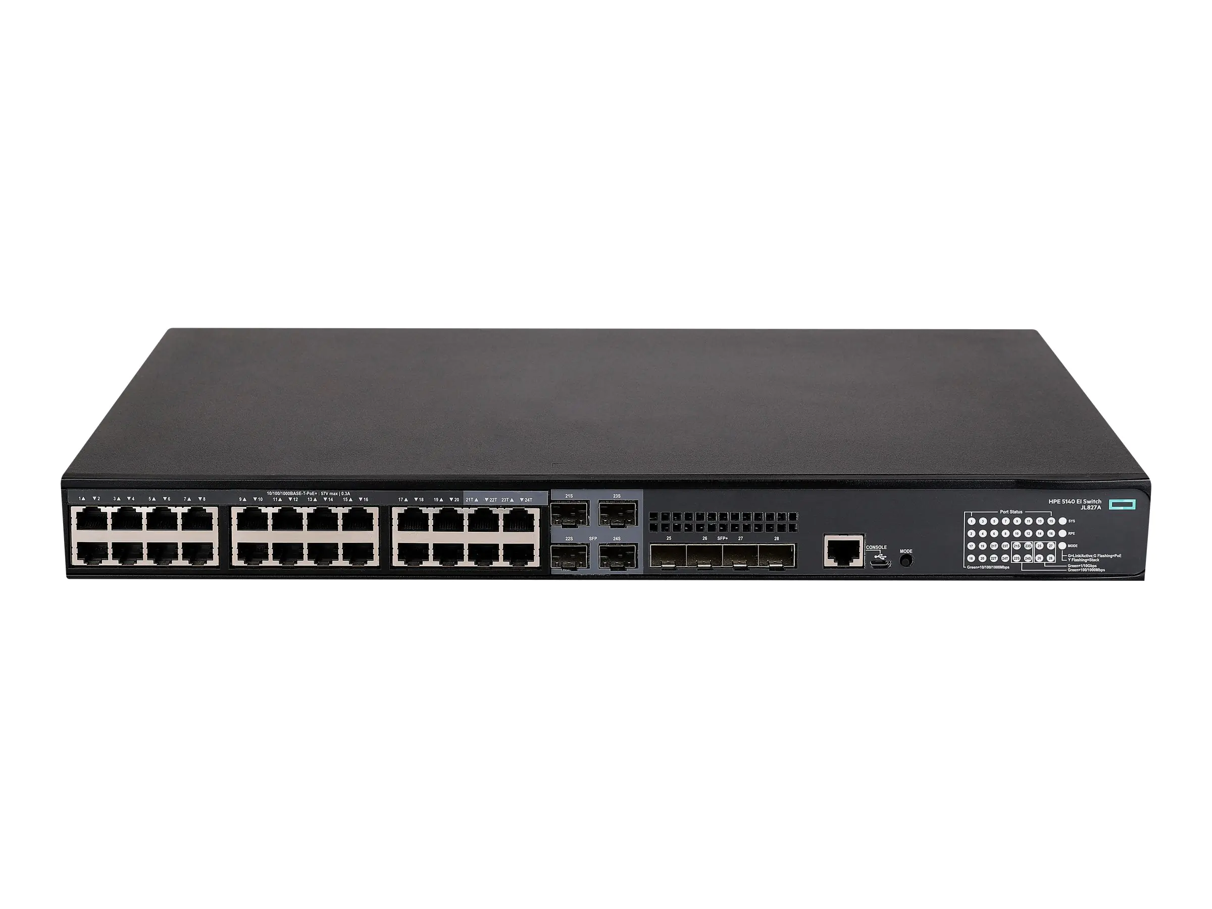 HPE FlexNetwork 5140 24G PoE+ 4SFP+ EI - Switch - L3 - Smart - 24 x 10/100/1000 (PoE+) + 4 x Combo 10/100/1000Base-T (PoE+) / 100/1000Base-X SFP + 4 x 10 Gigabit Ethernet / 1 Gigabit Ethernet SFP+ - an Rack montierbar - PoE+ (370 W)