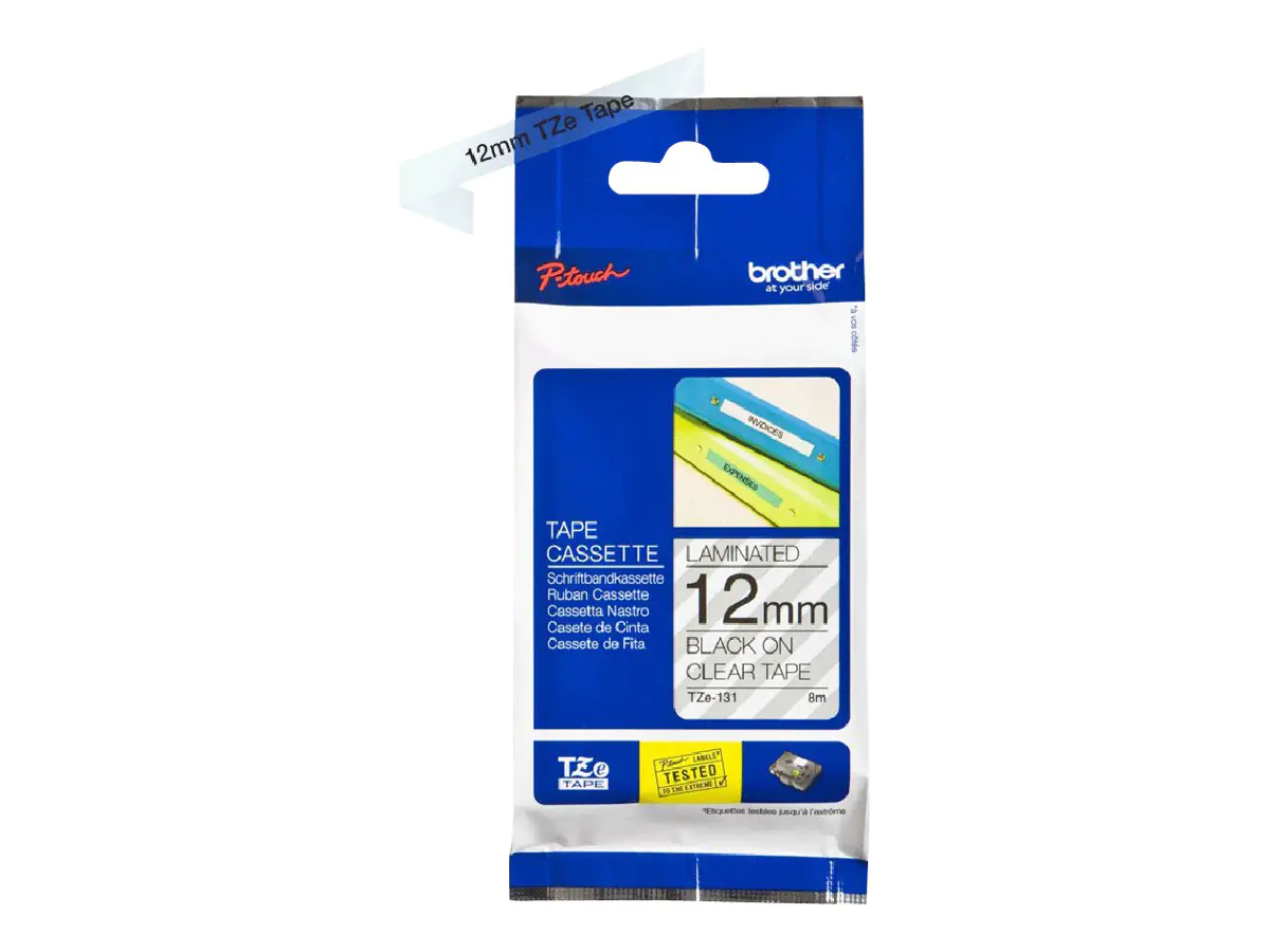 Brother TZe-S131 - Extrem stark haftend - schwarz auf durchsichtig - Rolle (1,2 cm x 8 m) 1 Kassette(n) laminiertes Band - für P-Touch PT-E550, P900; P-Touch Cube Plus PT-P710; P-Touch Cube Pro PT-P910