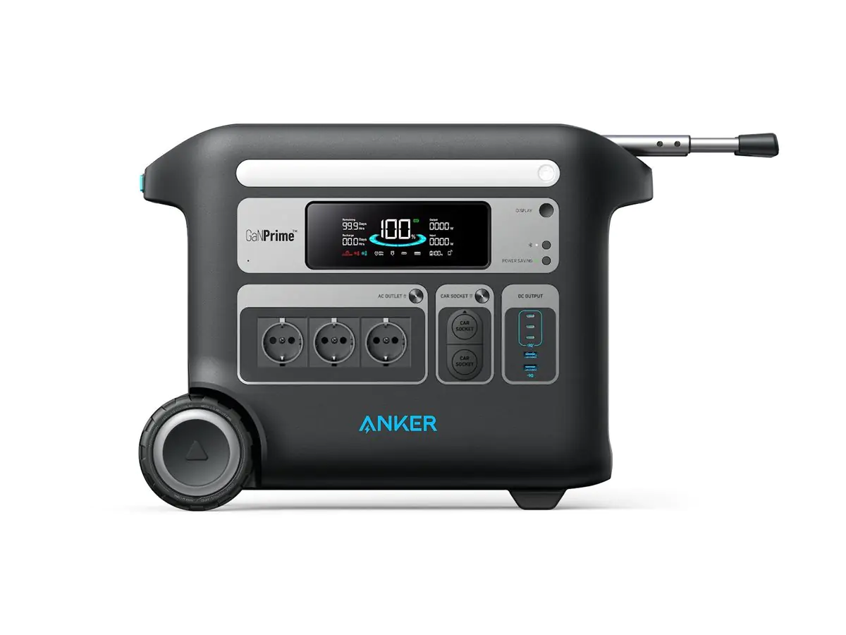 ANKER Powerstation PowerHouse 767 25 x 39,5 x 52,5 cm (B x H x T) Art des Anschlusses: 3 x AC-Steckdosen, 2 x USB-A, 3 x USB-C, 2 x Autoanschluss Leistungsaufnahme: AC: 2.200 W, Solar: 1.000W gesamte Ausgangsleistung: 2.300W Akku LiFePO4 64.000 mAh