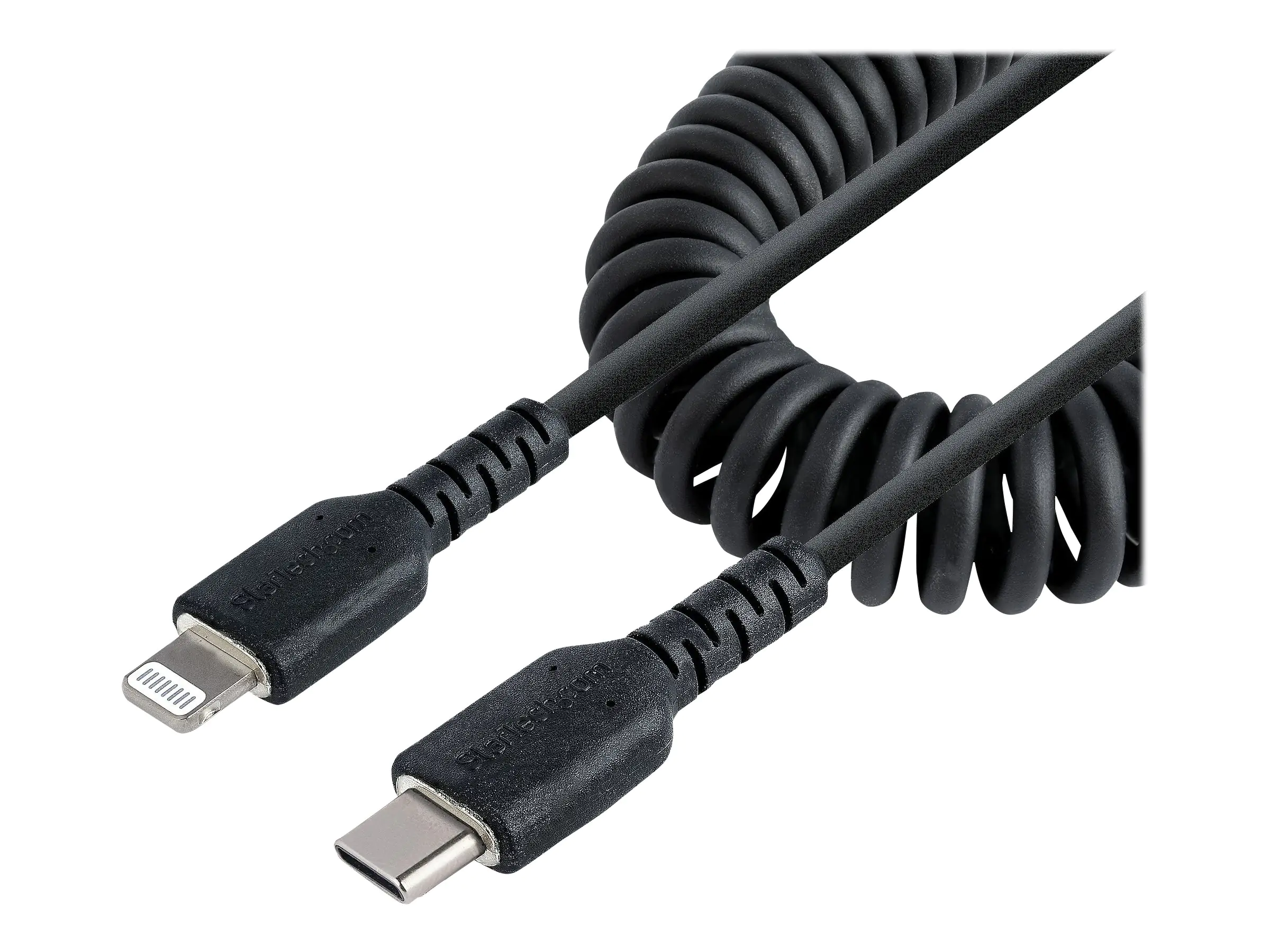 StarTech 1m USB C auf Lightning Kabel, spiralkabel, MFi-zertifiziert, Schnellladekabel für iPhone/iPad/iPod , schwarz, langlebiger TPE-Mantel aus Aramidfaser, USB C 2.0 Kabel (RUSB2CLT1MBC) - Lightning-Kabel - 24 pin USB-C männlich zu Lightning männlich -