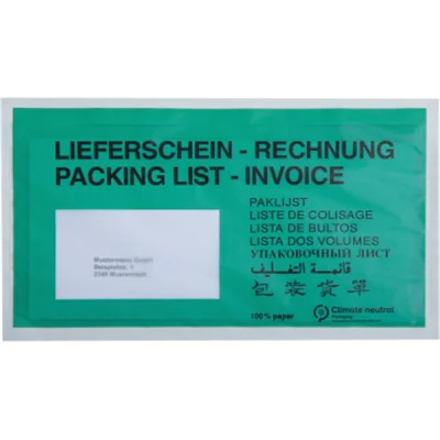 Dokumententasche Lieferschein-Rechnung, mehrsprachig DIN lang 240 x 135 mm (B x H) Pergamynpapier grün 250 St./Pack. Dokumententasche Lieferschein-Rechnung, mehrsprachig DIN lang 240 x 135 mm (B x H) Pergamynpapier grün 250 St./Pack.