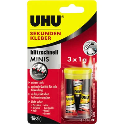 UHU Sekundenkleber blitzschnell Minis 1g, Gel, RoHS, REACH, CE, 23 g, Sichtverpackung, 3 Stück(e), China 45415