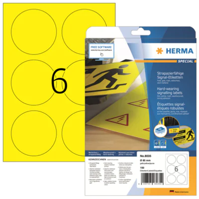 HERMA Folienetikett 8035 85mm rund gelb 150 St./Pack. HERMA Folienetikett 8035 85mm rund gelb 150 St./Pack.