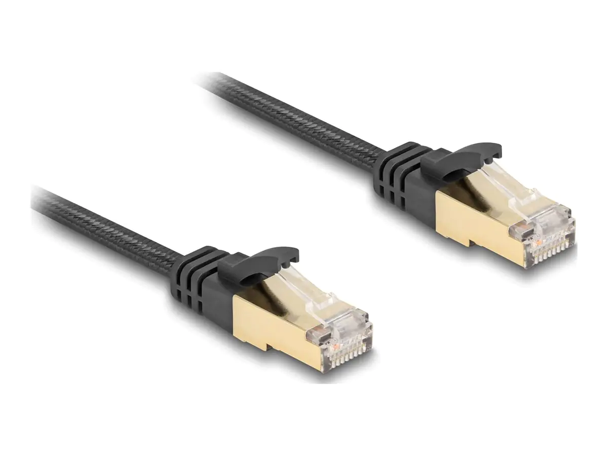 Delock - Patch-Kabel - RJ-45 (M) zu RJ-45 (M) - 10 m - S/FTP - CAT 6a - ohne Haken, flach, geflochtenes Kabel - Schwarz