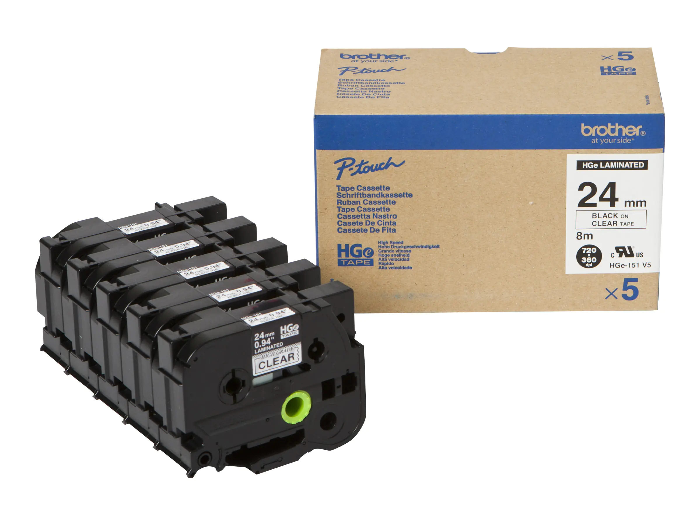 Brother HGE-151V5 - Schwarz auf durchsichtig - Rolle (2,4 cm x 8 m) 5 Kassette(n) laminiertes Band - für P-Touch PT-9500pc, PT-9700PC, PT-9800PCN