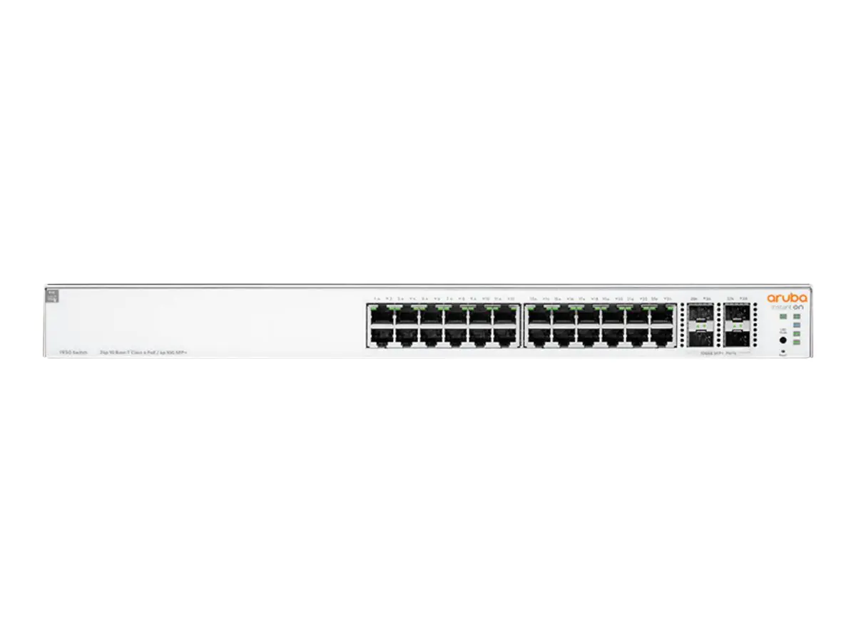 HPE Aruba Instant On 1930 24G Class4 PoE 4SFP/SFP+ 370W Switch - Switch - L3 - managed - 24 x 10/100/1000 (PoE) + 4 x 1 Gigabit / 10 Gigabit SFP+ - an Rack montierbar - PoE (370 W)
