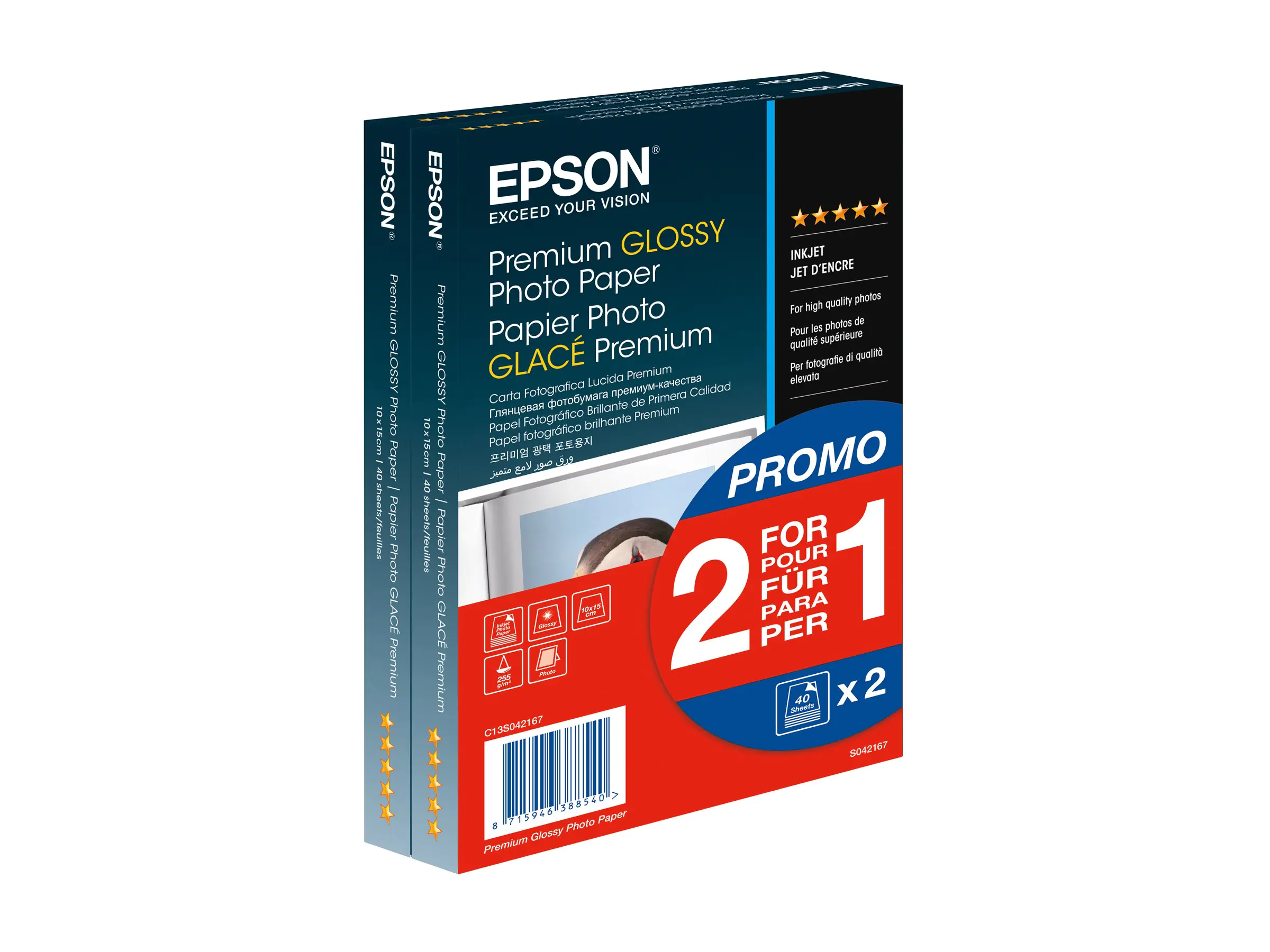 Epson Premium Glossy Photo Paper BOGOF - Glänzend - 100 x 150 mm - 255 g/m² - 40 Blatt Fotopapier (Packung mit 2) C13S042167
