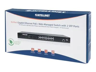 Intellinet 16-Port Gigabit Ethernet PoE+ Web-Managed Switch mit 2 SFP-Ports, IEEE 802.3at/af Power over Ethernet (PoE+/PoE)-konform, 220 W, Endspan, PDM-Funktion, 19" Rackmount - Switch - managed - 16 x 10/100/1000 + 2 x SFP - Desktop, an Rack montierbar