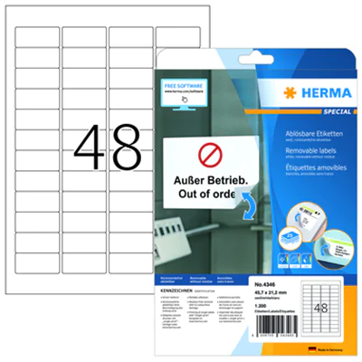 HERMA Etikett 4346 45,7x21,2mm weiß 1.200 St./Pack. HERMA Etikett 4346 45,7x21,2mm weiß 1.200 St./Pack.