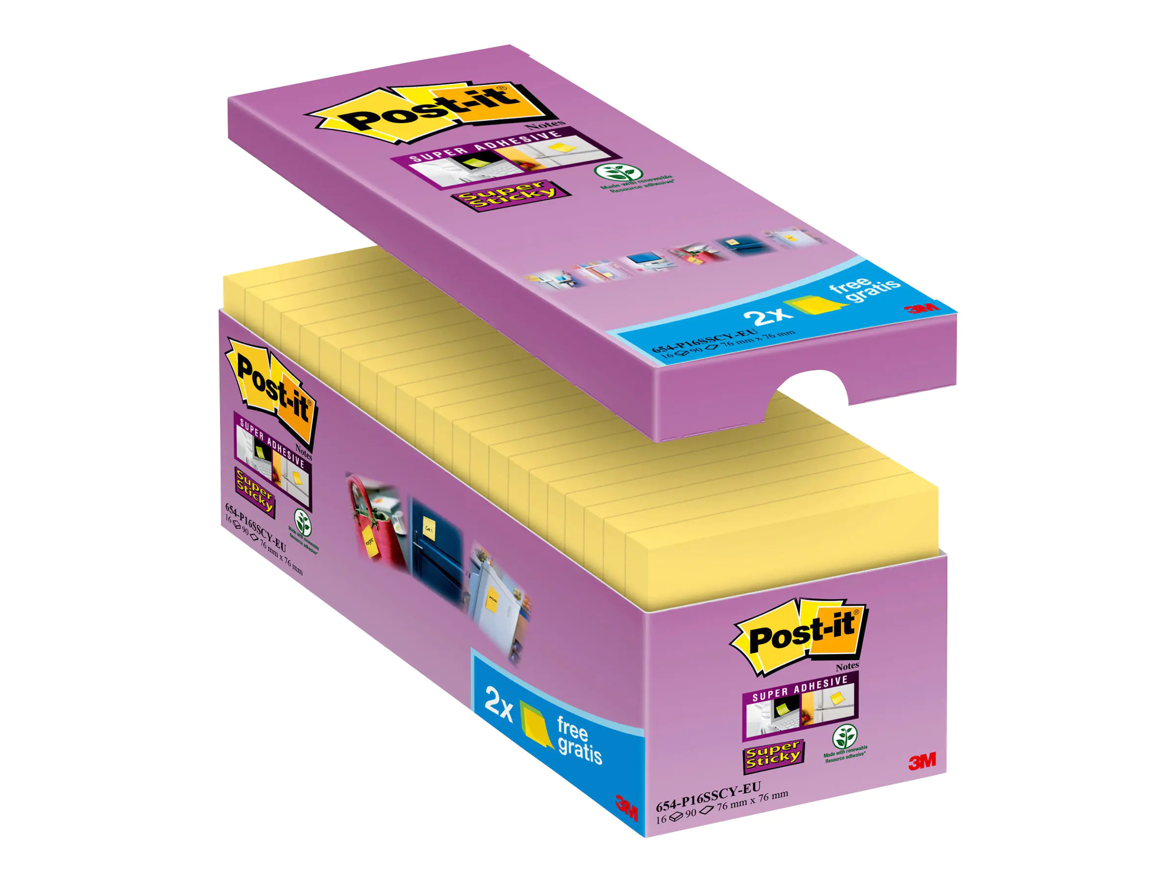 3M Post-it Super Sticky 654-P16SSCY-EU - Notizen - 76 x 76 mm - 1440 Blatt (16 x 90) 65416SYP