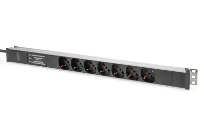 Digitus - Steckdosenleiste (Rack - einbaufähig) - mit Aluminiumprofil und Überspannungsschutz, integrierter Netzfilter - Wechselstrom 230 V - 4000 Watt - Eingabe, Eingang Stromversorgung - Ausgangsanschlüsse: 7 (Typ L) - 2 m Schnur - Italien