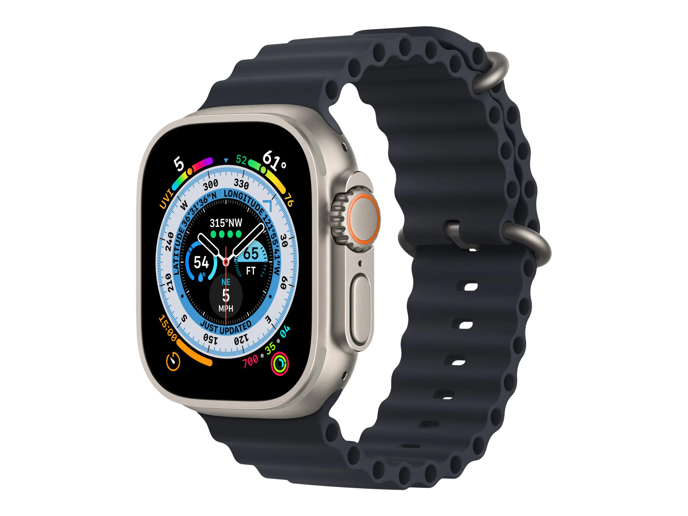 Apple Watch Ultra - 49 mm - Titan - intelligente Uhr mit Ocean band - Flouroelastomer - Midnight - Handgelenkgröße: 130-200 mm - 32 GB - Wi-Fi, LTE, UWB, Bluetooth - 4G - 61.3 g