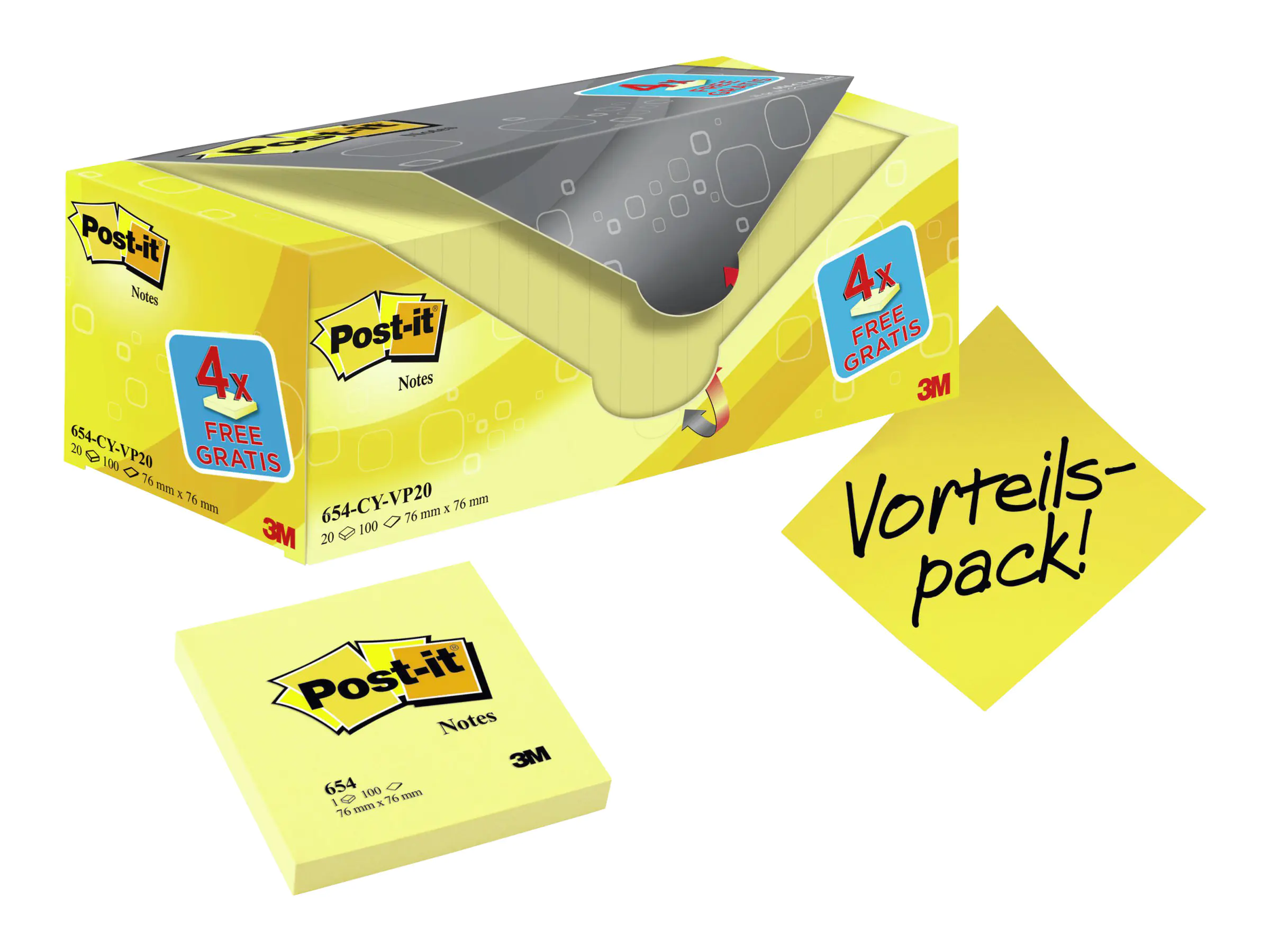 3M Post-it - Notizen - 76 x 76 mm - 100 Blatt - Gelb (Packung mit 20) 654Y-20