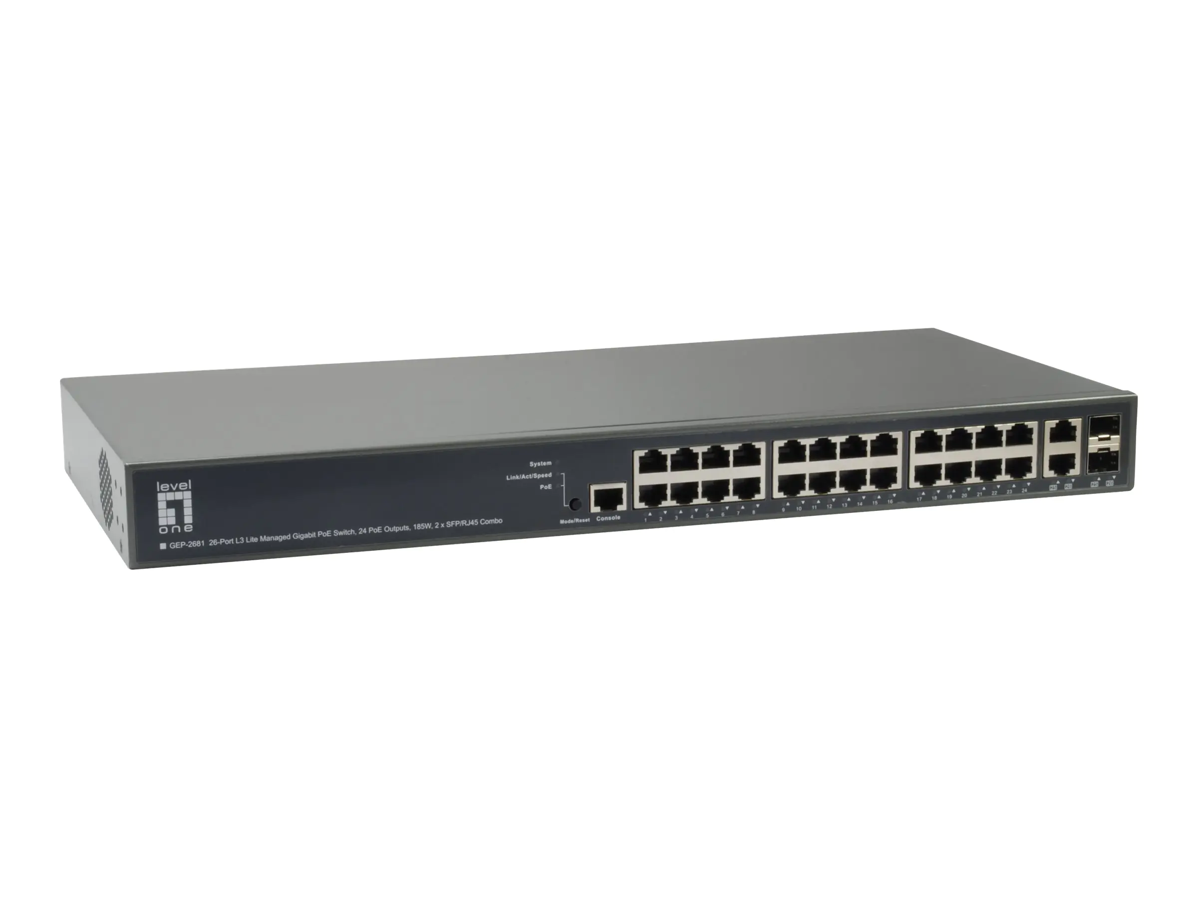 LevelOne GEP-2681 - Switch - L3 Lite - managed - 24 x 10/100/1000 (PoE+) + 2 x Gigabit SFP - an Rack montierbar - PoE+ (185 W)