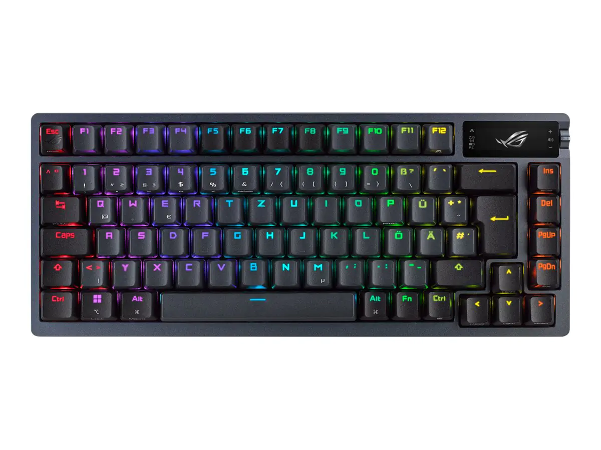 ASUS ROG Azoth - Tastatur - 75 %, Hotswap-fähig - mit OLED-Display - backlit - kabellos - USB, 2.4 GHz, Bluetooth 5.1 - AZERTY - Französisch - Tastenschalter: ROG NX Red - Gun Metal