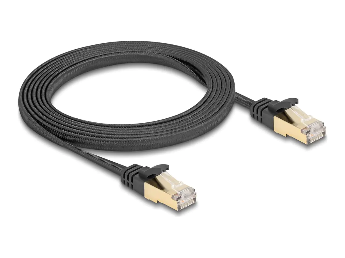 Delock - Patch-Kabel - RJ-45 (M) zu RJ-45 (M) - 2 m - S/FTP - CAT 6a - ohne Haken, flach, Gewebebeschichtung - Schwarz
