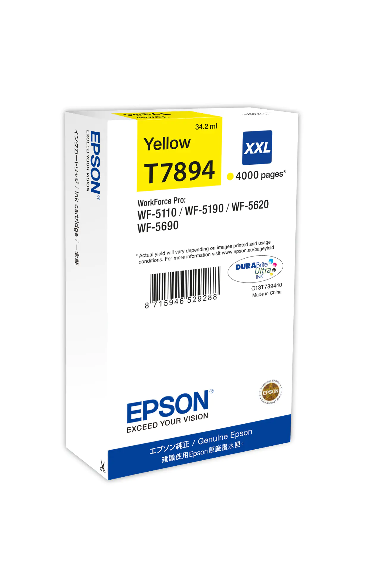 Epson T7894 - 34.2 ml - Größe XXL - Gelb - Original - Tintenpatrone - für WorkForce Pro WF-5110DW, WF-5190DW, WF-5190DW BAM, WF-5620DWF, WF-5690DWF, WF-5690DWF BAM Epson T7894 - 34.2 ml - Größe XXL - Gelb - Original - Tintenpatrone - für WorkForce Pro WF-5110DW, WF-5190DW, WF-5190DW BAM, WF-5620DWF, WF-5690DWF, WF-5690DWF BAM