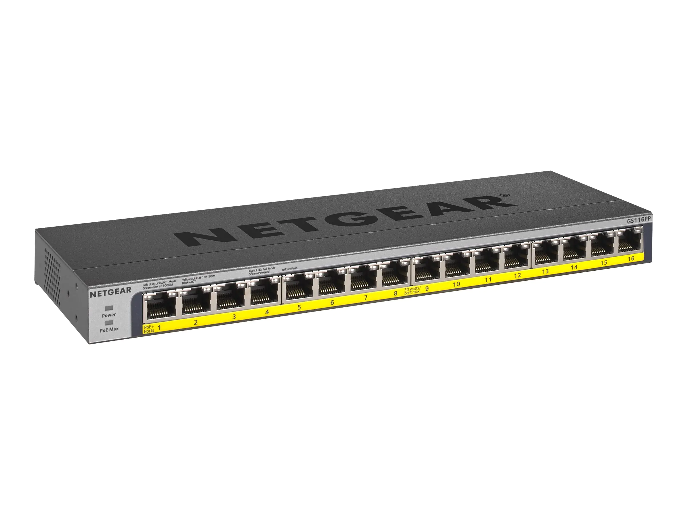 NETGEAR GS116PP - Switch - unmanaged - 16 x 10/100/1000 (PoE+) - Desktop, an Rack montierbar, wandmontierbar - PoE+ (183 W) - Gleichstrom NETGEAR GS116PP - Switch - unmanaged - 16 x 10/100/1000 (PoE+) - Desktop, an Rack montierbar, wandmontierbar - PoE+ (183 W) - Gleichstrom