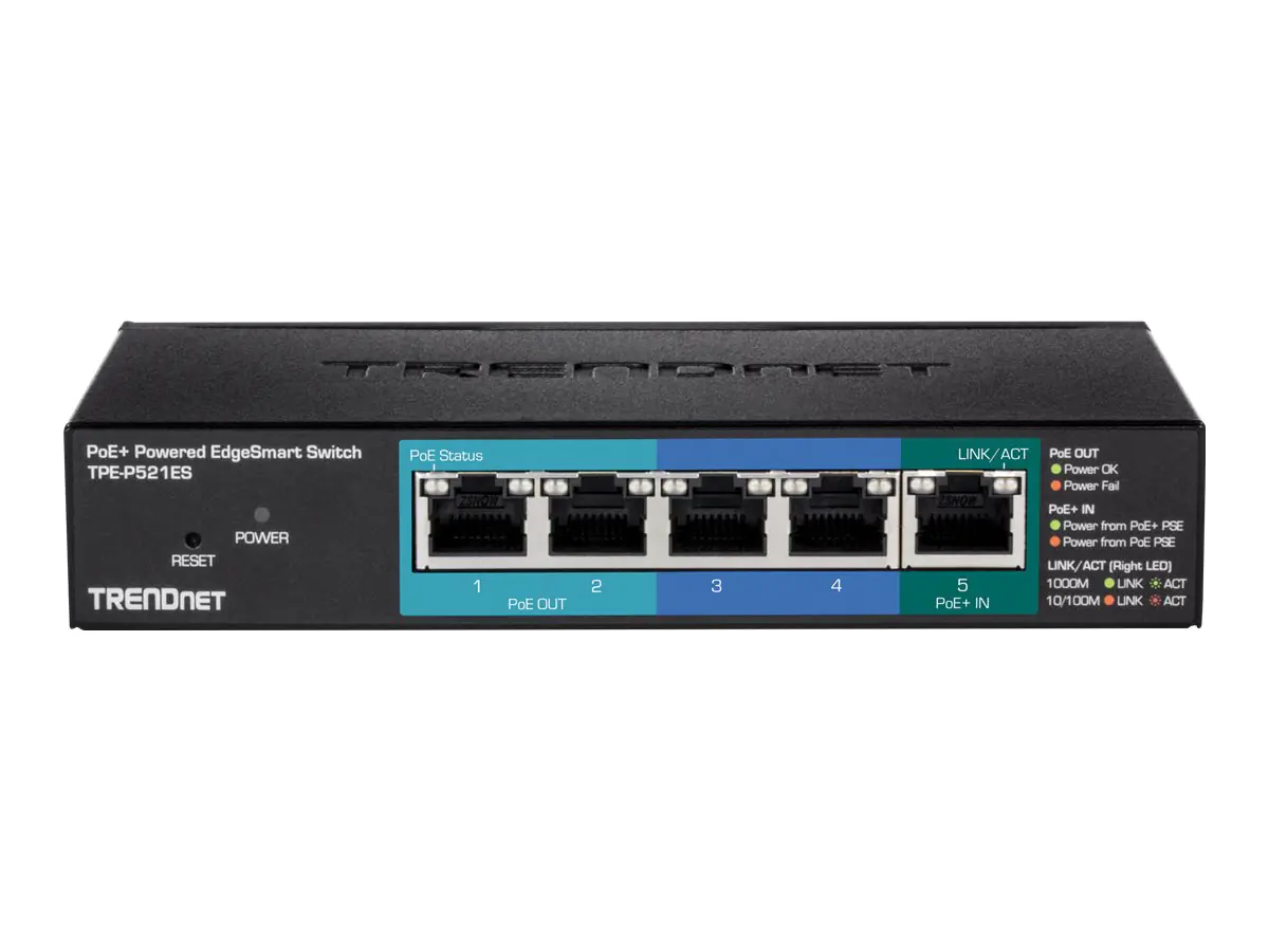 Trendnet TPE P521ES - Switch - Smart - 1 x 10/100/1000 (PoE+ input) + 2 x 10/100/1000 (PoE) + 2 x 10/100/1000 - Desktop - PoE+ (18 W) - TAA-konform