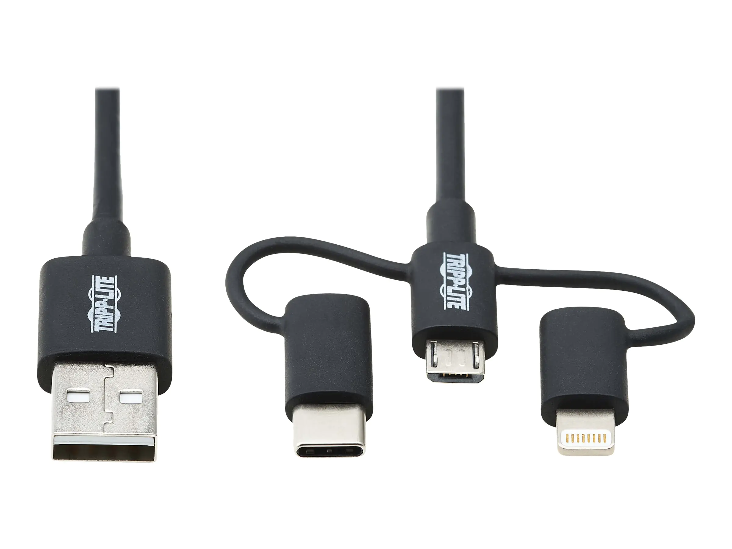 Eaton Tripp Lite Series Universal USB-A to Lightning, USB Micro-B and USB-C Sync/Charge Cable (M/3xM), MFi Certified, Black, 6 ft. (1.8 m) - Lightning-Kabel - USB männlich zu Micro-USB Typ B, Lightning, 24 pin USB-C männlich - 1.8 m - Schwarz