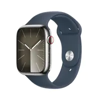Apple Watch Series 9 (GPS + Cellular) - 45 mm - Silver Edelstahl - intelligente Uhr mit Sportband - Flouroelastomer - Storm Blue - Bandgröße: M/L - 64 GB - Wi-Fi, Bluetooth, UWB, LTE - 4G - 51.5 g