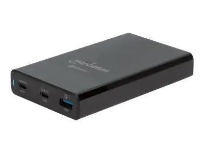 Manhattan Charging Station, 2x USB-C and 1x USB-A Ports, USB-C Outputs: 1x 60W and 1x 18W, USB-A Output: 1x 18W (Qualcomm Quick Charge), Cable 1m, Includes USB-C to USB-C 2m cable (480 Mbps USB 2.0), Black, Box - Netzteil - Wechselstrom 100-240 V - 65 Wat