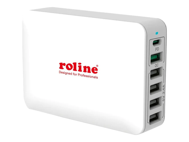 Roline - Netzteil - 60 Watt - 6 A - PD 3.0, QC 3.0 - 6 Ausgabeanschlussstellen (24 pin USB-C, 5 x 4-poliger USB Typ A) - weiß