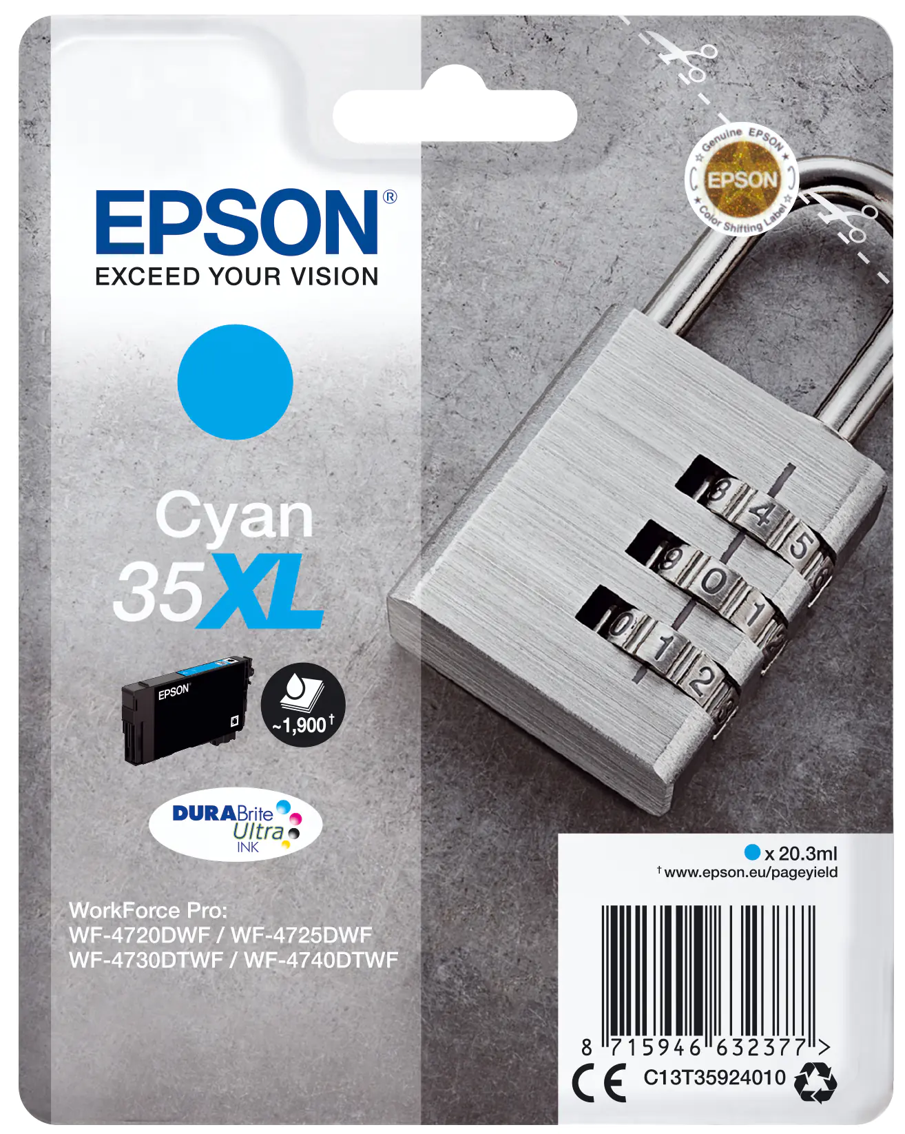 Epson 35XL - 20.3 ml - XL - Cyan - Original - Blisterverpackung - Tintenpatrone - für WorkForce Pro WF-4720, WF-4720DWF, WF-4725DWF, WF-4730, WF-4730DTWF, WF-4740, WF-4740DTWF Epson 35XL - 20.3 ml - XL - Cyan - Original - Blisterverpackung - Tintenpatrone - für WorkForce Pro WF-4720, WF-4720DWF, WF-4725DWF, WF-4730, WF-4730DTWF, WF-4740, WF-4740DTWF