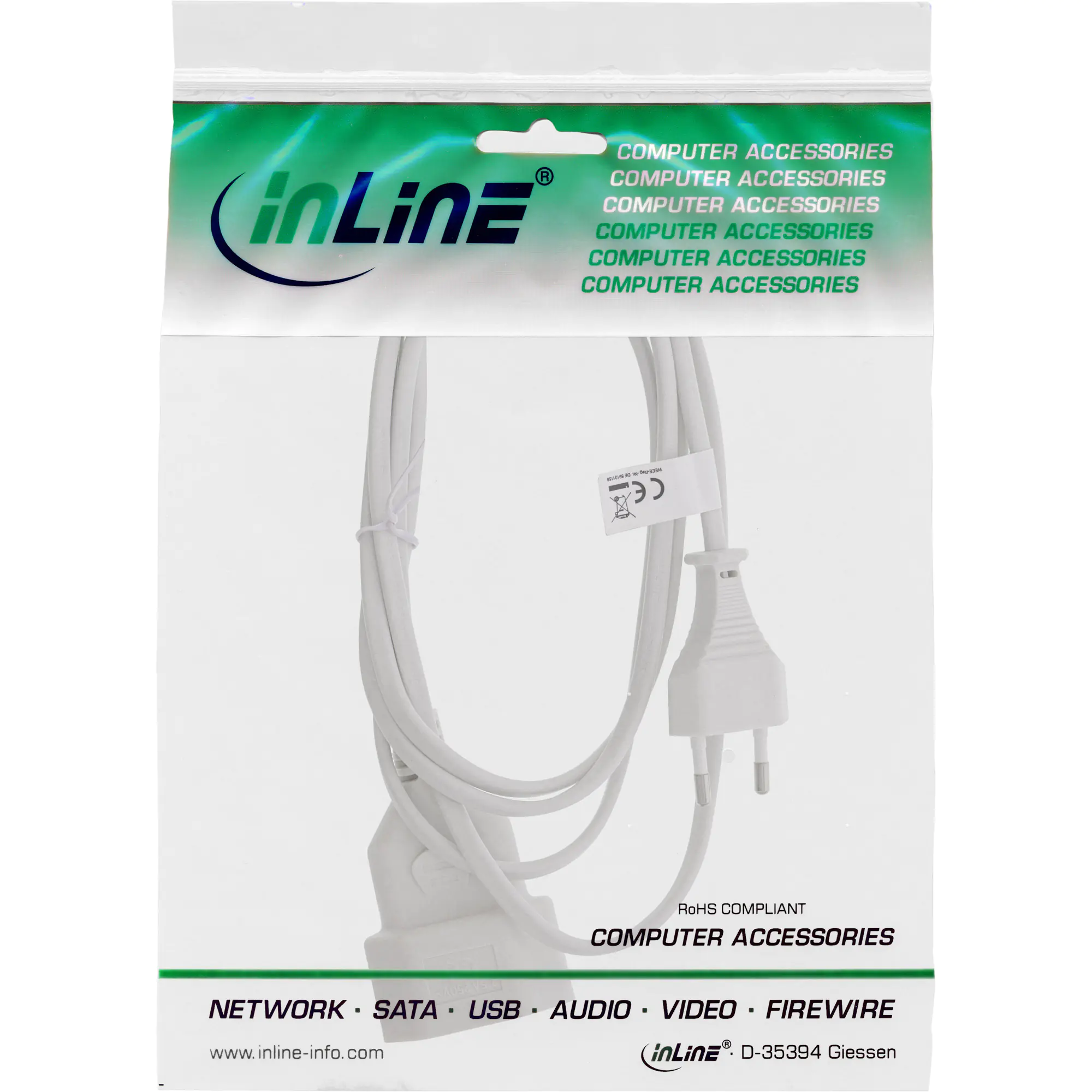 InLine Euro-Verlängerung Eurostecker an Eurokupplung weiss 1m - Audio/Multimedia - Strom/N