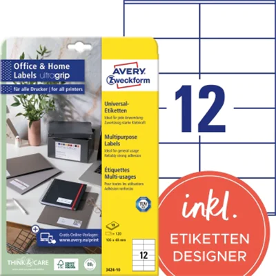 Avery Zweckform Avery 3424-10, Weiß, Rechteck, Dauerhaft, 105 x 48 mm, A4, Papier