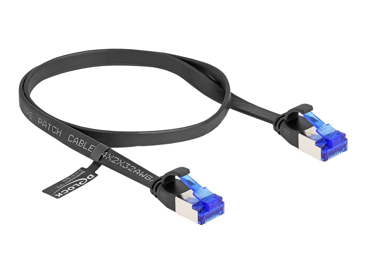 Delock - Patch-Kabel - RJ-45 (M) zu RJ-45 (M) - 50 cm - U/FTP - CAT 6a - ohne Haken, flach - Schwarz