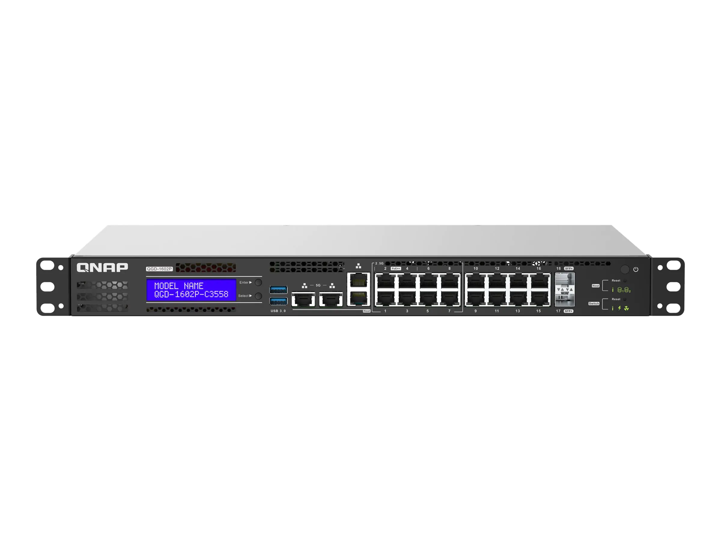 QNAP QGD-1602P - Switch - Smart - 4 x 100/1000/2.5G (PoE++) + 4 x 100/1000/2.5G (PoE+) + 8 x 10/100/1000 (PoE+) + 2 x 10 Gigabit SFP+ - an Rack montierbar - PoE++ (195 W)