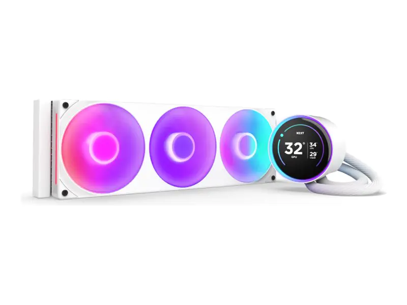 NZXT Kraken Elite 360 RGB - Prozessor-Flüssigkeitskühlsystem - mit LCD-Display - Kühlergröße: 360 mm - (für: LGA1851, LGA1700, LGA1200, LGA115x Socket, AM4, AM5) - Kupfer - 120 mm - Mattes Weiß