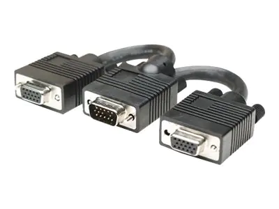 Manhattan SVGA Y Cable, HD15, 15cm, Male to Females, Splits an SVGA connection between two monitors, Compatible with VGA, Fully Shielded, Black, Lifetime Warranty, Polybag - VGA-Splitter - HD-15 (VGA) (M) zu HD-15 (VGA) (W) - DC 300 V - 15 cm - geformt, D