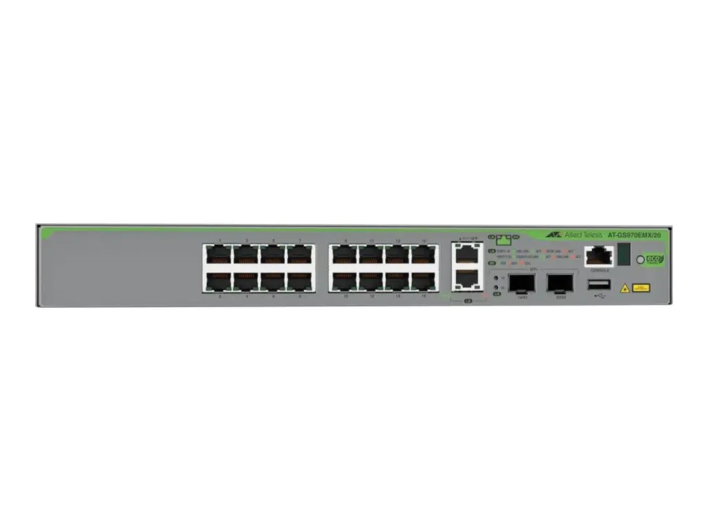 Allied Telesis CentreCOM AT-GS970EMX/20 - Switch - L3 Lite - managed - 16 x 10/100/1000 + 2 x 1/2.5/5/10GBase-T + 2 x 1 Gigabit / 10 Gigabit SFP+ - Desktop, an Rack montierbar