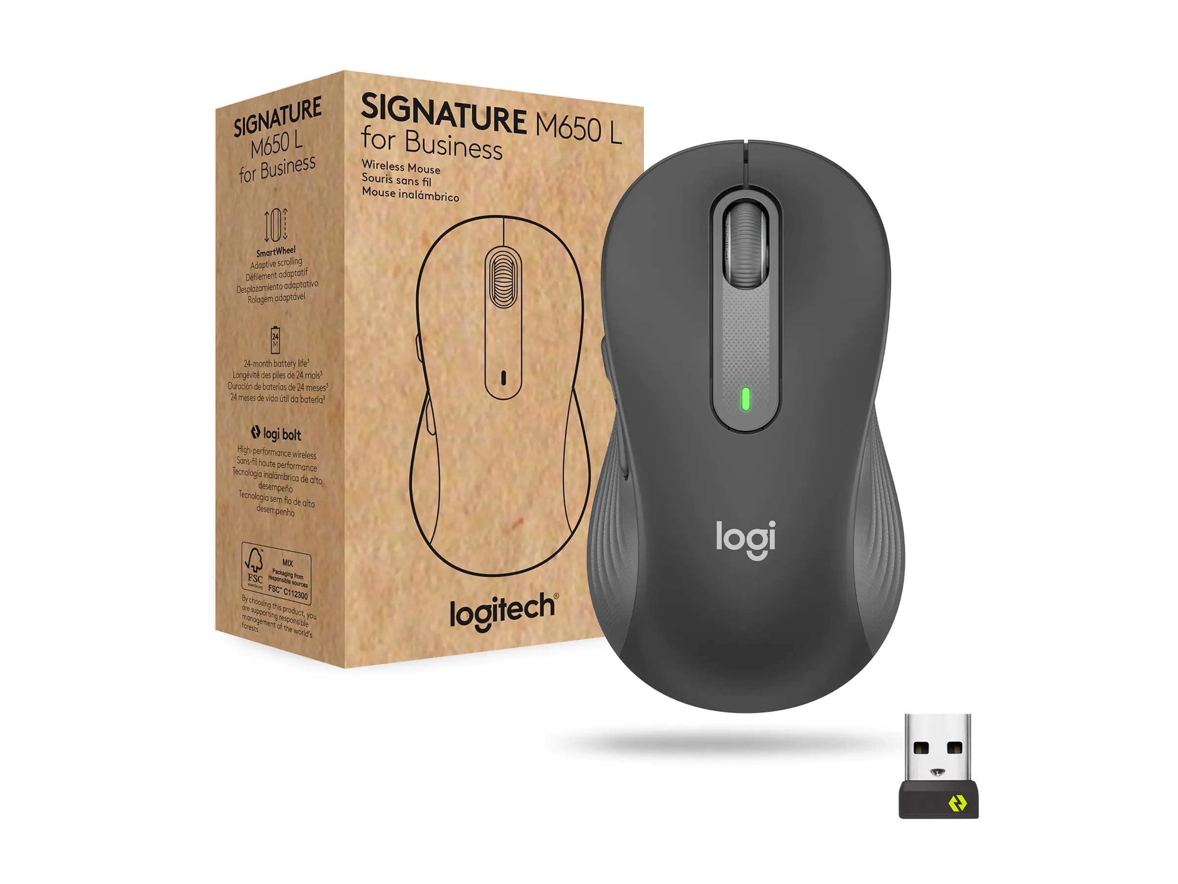 Logitech Signature M650 L for Business - Maus - Für Rechtshänder - 5 Tasten - kabellos - 2.4 GHz, Bluetooth - Logitech Logi Bolt USB-Receiver - Graphite