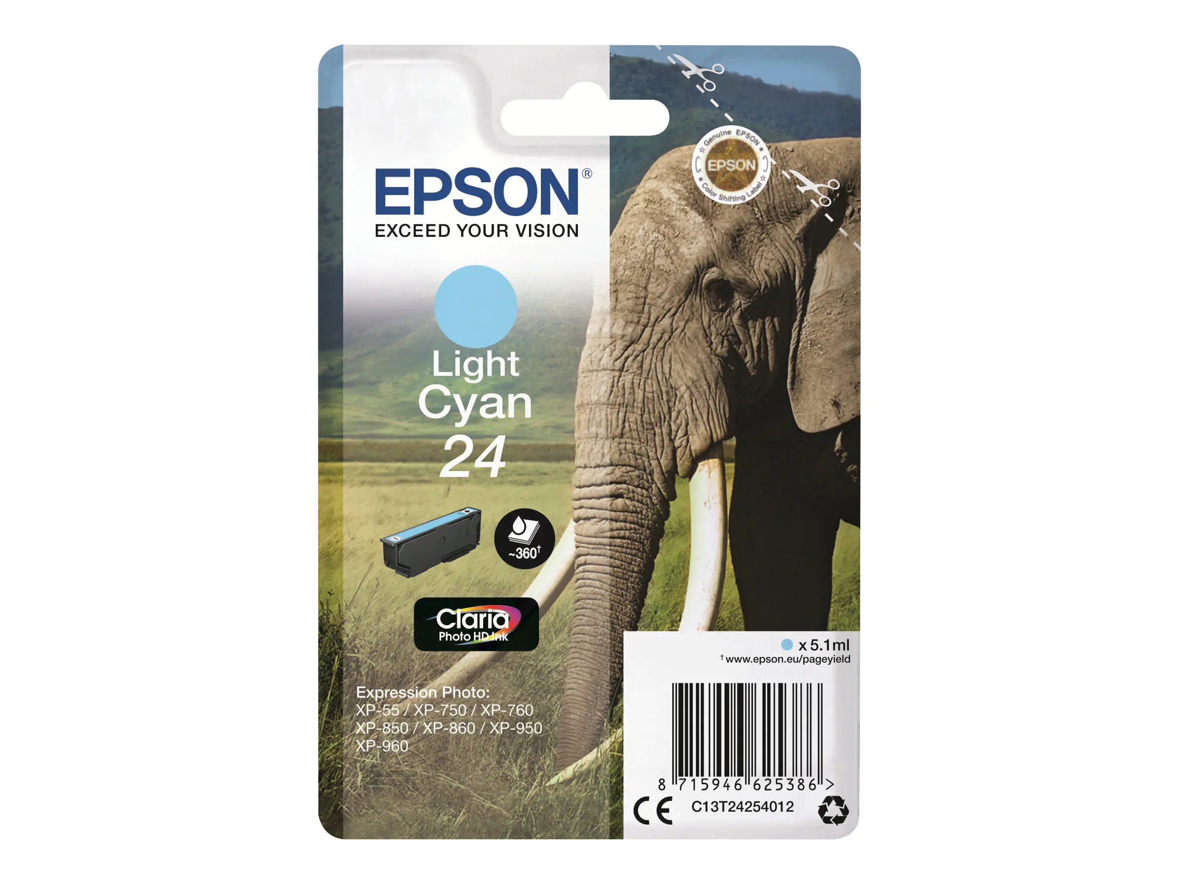 Epson 24 - 5.1 ml - hell Cyan - Original - Tintenpatrone - für Expression Photo XP-55, 750, 760, 850, 860, 950, 960, 970; Expression Premium XP-750, 850