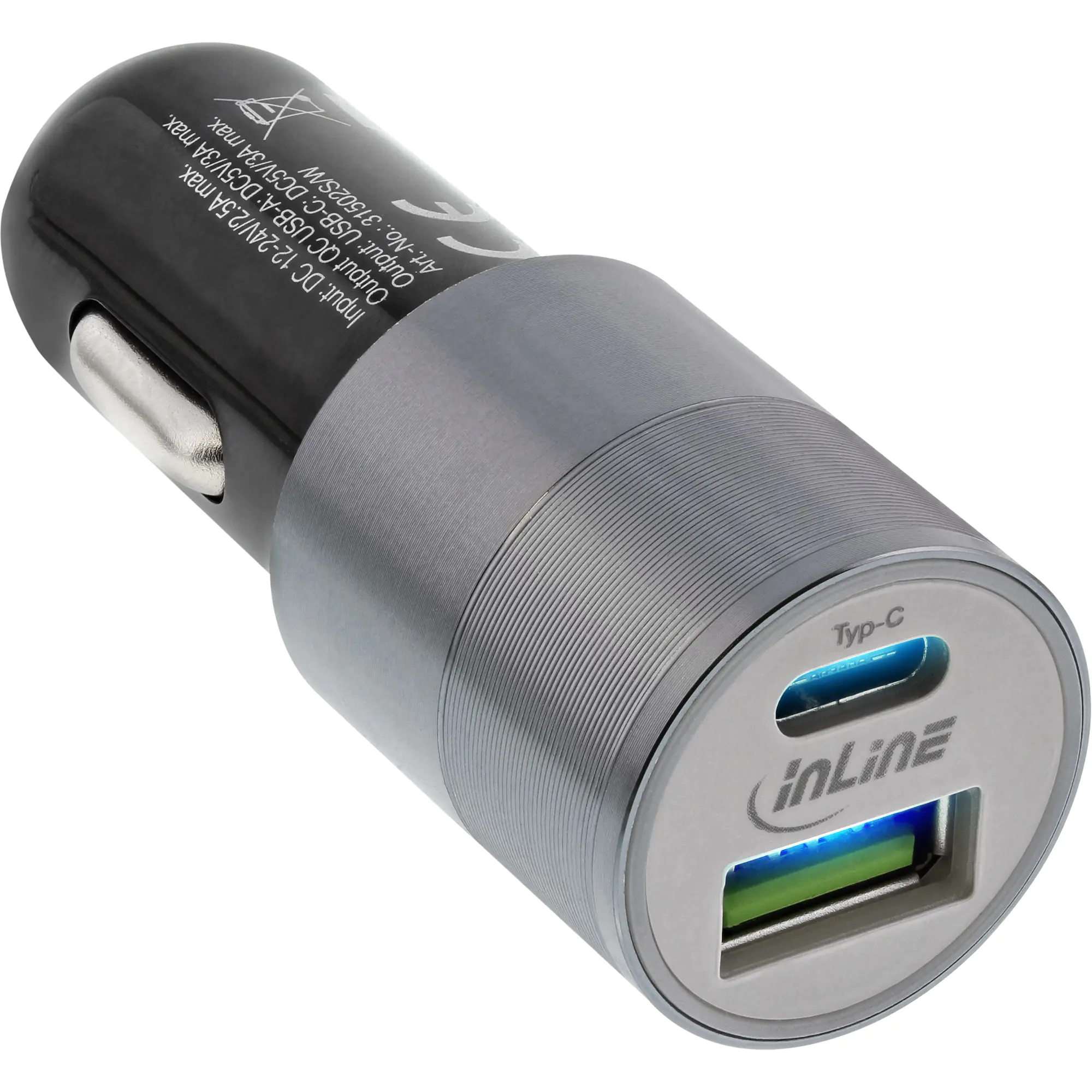 InLine USB 36W KFZ Ladegerät QC 3.0 - USB-A + USB-C - PD 3.0 - 12/24V DC - schwarz 31502S