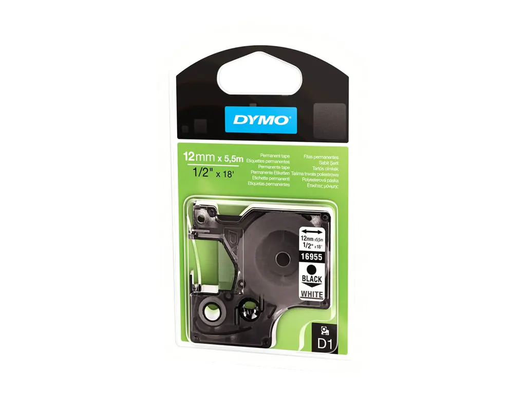 Dymo Etikettenband schwarz auf weiß 1,2cm x 5,5m Polyester S0718060 permanenter Klebstoff