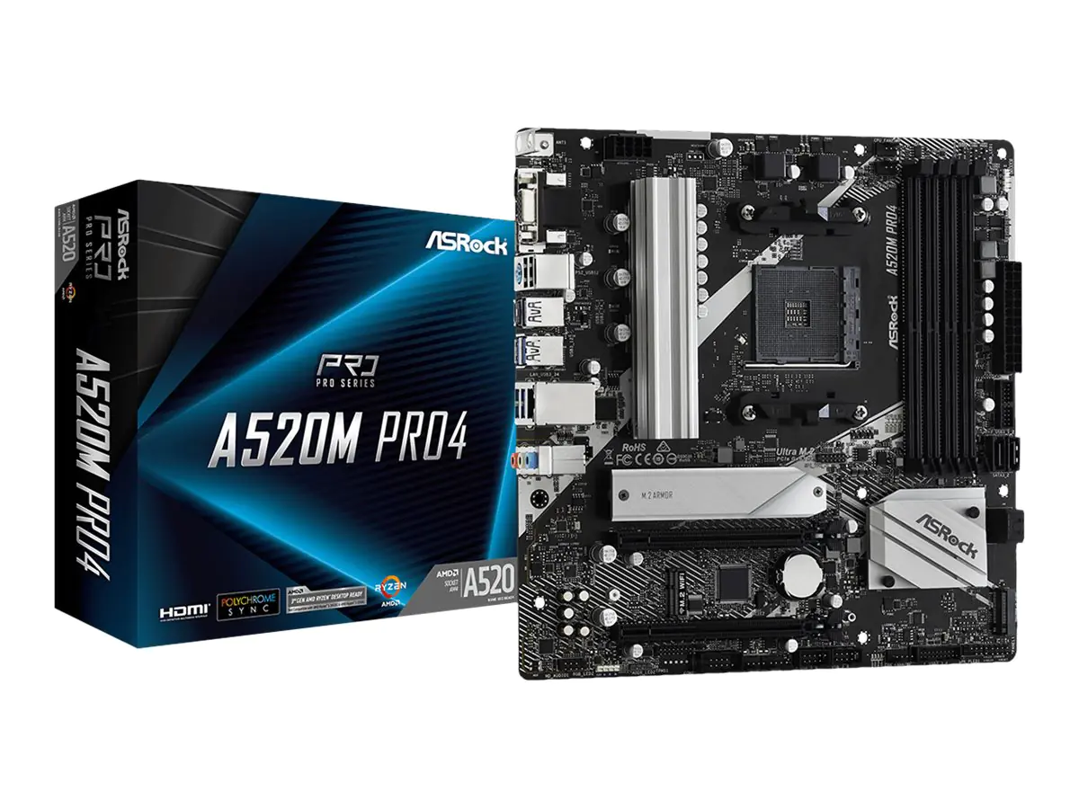 ASRock A520M Pro4 - Motherboard - micro ATX - Socket AM4 - AMD A520 Chipsatz - USB-C Gen1, USB 3.2 Gen 1 - Gigabit LAN - Onboard-Grafik (CPU erforderlich) - HD Audio (8-Kanal)