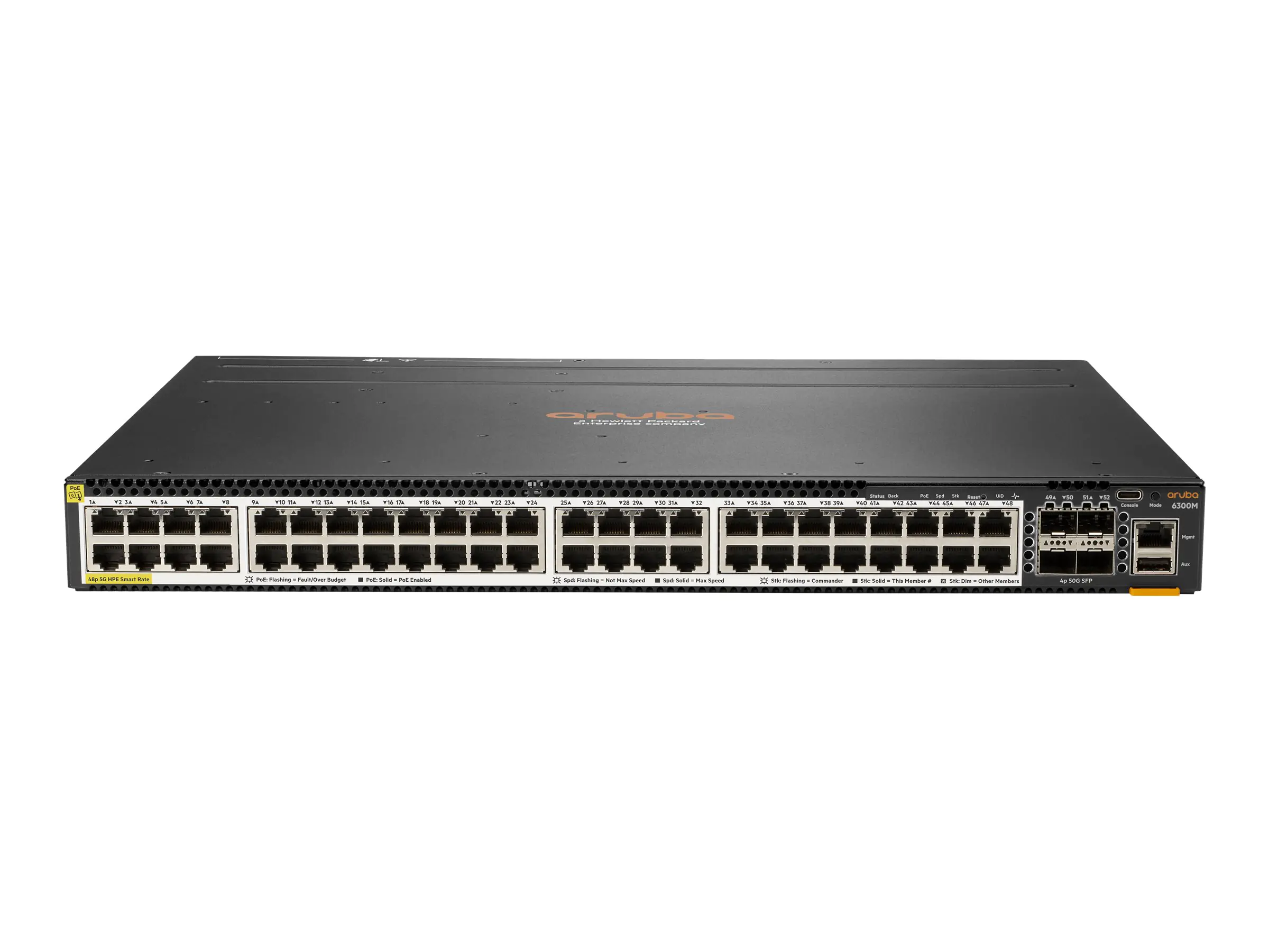HPE Aruba 6300M - Switch - L3 - managed - 48 x 100/1000/2.5G/5G (PoE+) + 4 x 1 Gigabit / 10 Gigabit / 25 Gigabit / 50 Gigabit SFP56 (Uplink / Stacking) - Front und Seite zu Hinterseite - an Rack montierbar - PoE+ (2880 W)